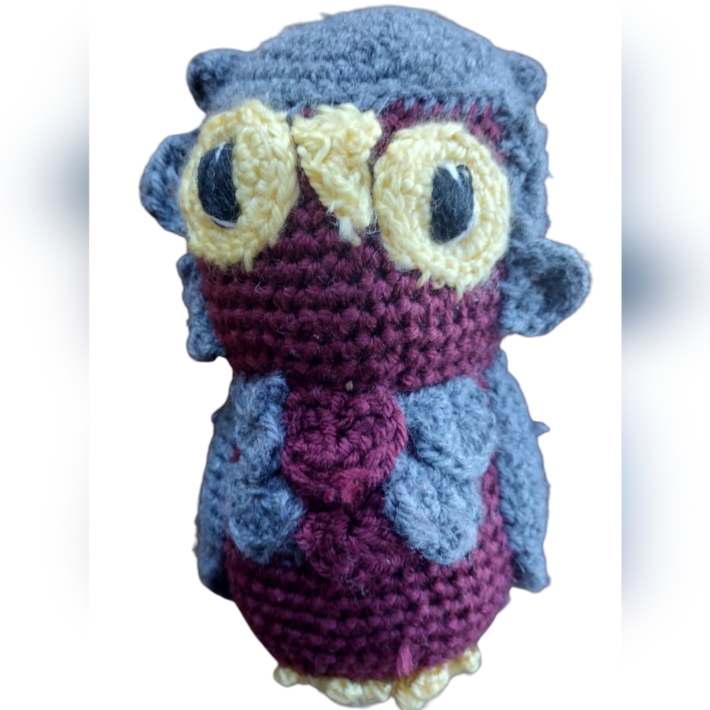 Handmade crochet stuffed owl. Small deep red and grey owl.